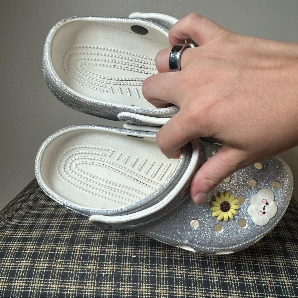 Kids Glitter Silver Crocs Clogs‎ with Charms Size 2T